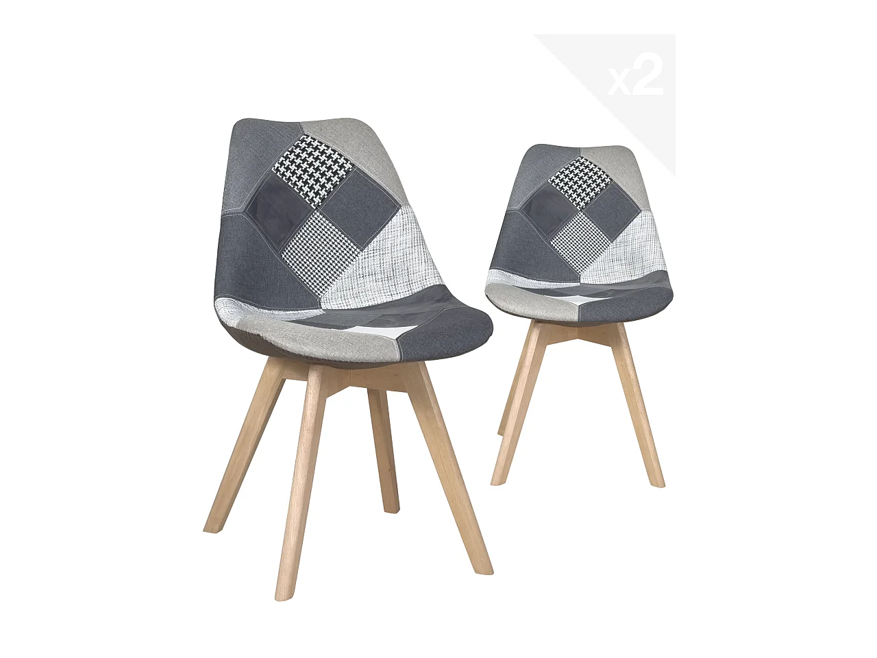 Lot 2 Chaises patchwork scandinave tissu pieds bois LAO (Gris)