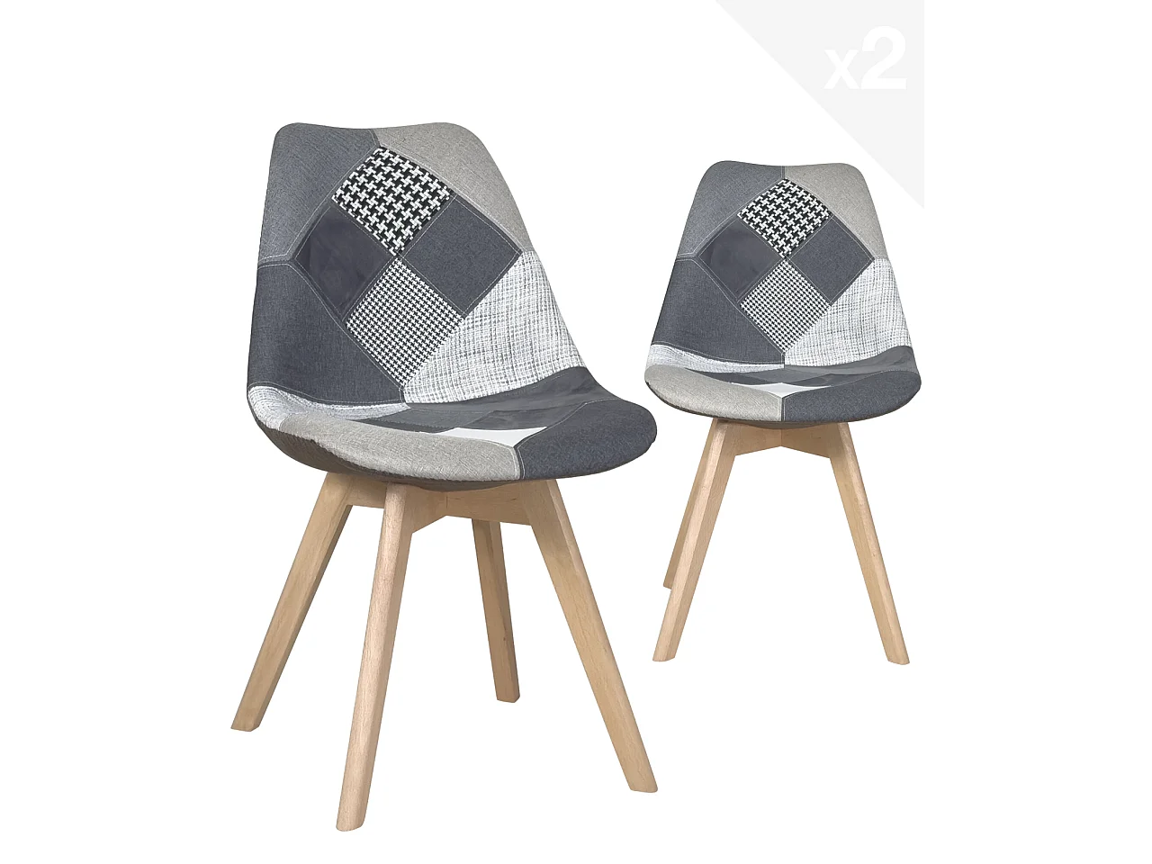 Lot 2 chaises patchwork scandinave tissu pieds bois LAO (gris)