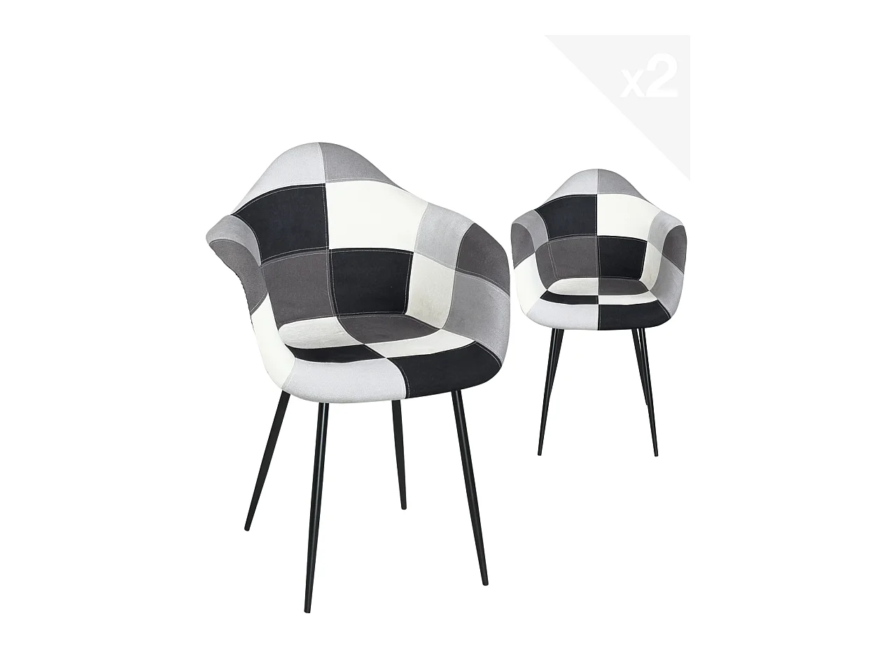 Lot de 2 Fauteuils accoudoirs Patchwork pieds métal NOVO (Gris)
