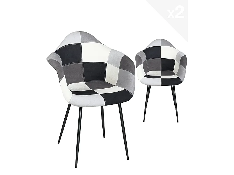 Lot de 2 Fauteuils accoudoirs Patchwork pieds métal NOVO (Gris)