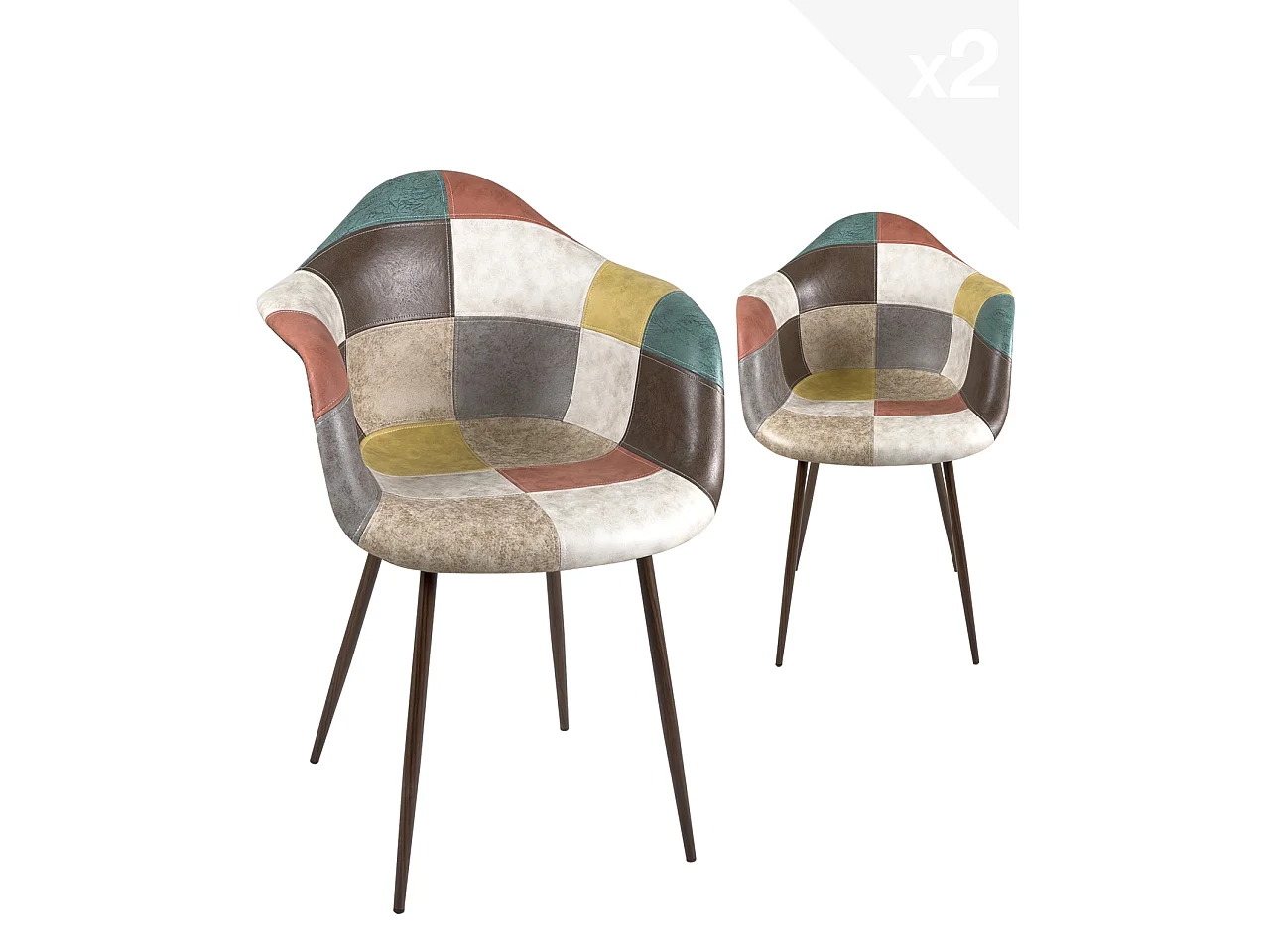 Lot de 2 Fauteuils accoudoirs Patchwork pieds métal NOVO (Marron)