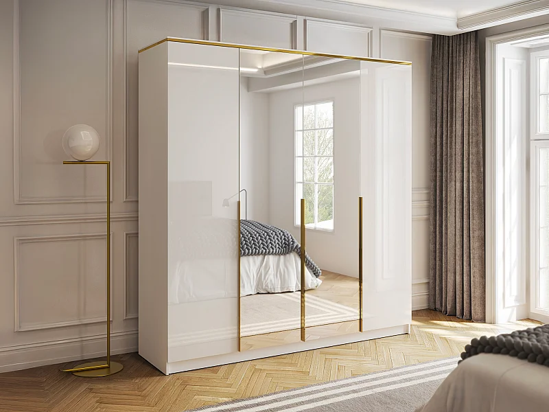 Armoire 4 portes - Avec miroirs - L200 cm - Blanc brillant et Doré - VUKIA de Pascal Morabito