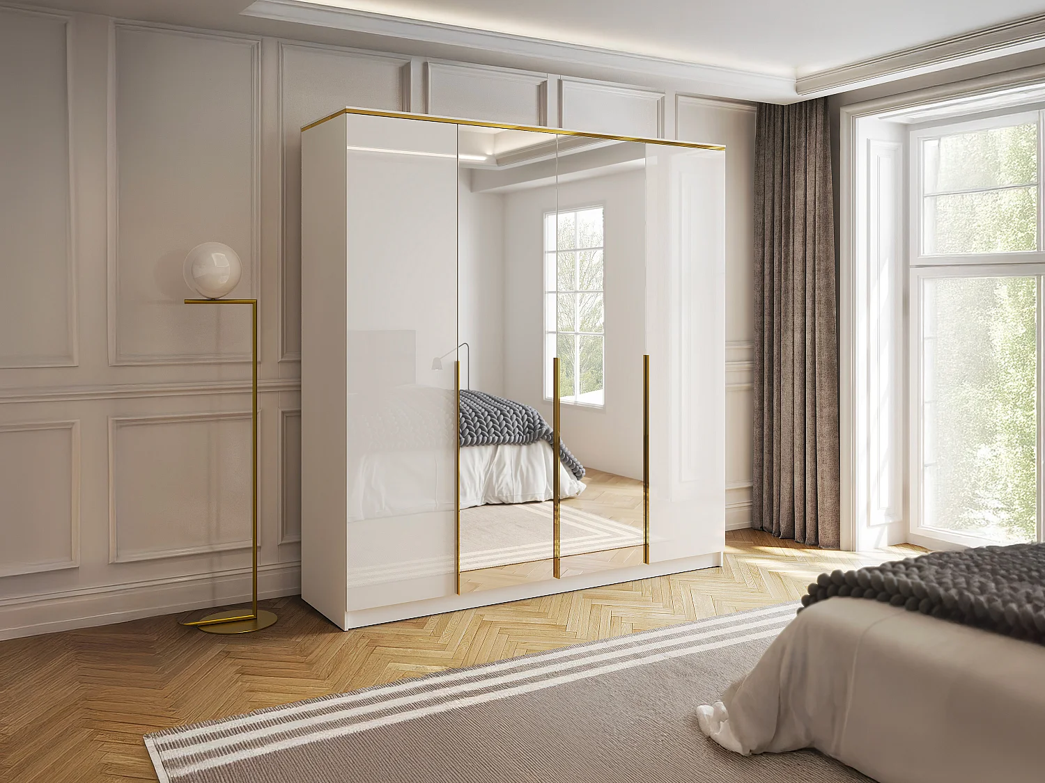 Armoire 4 portes - Avec miroirs - L200 cm - Blanc brillant et Doré - VUKIA de Pascal Morabito
