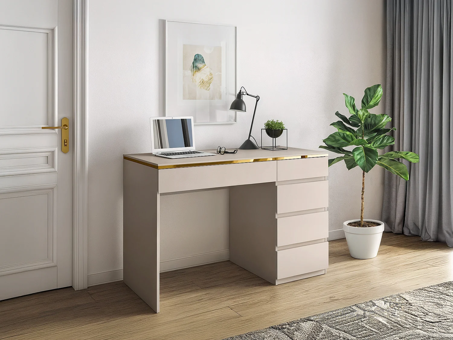 Bureau - 5 tiroirs - Beige et doré - VUKIA de Pascal Morabito