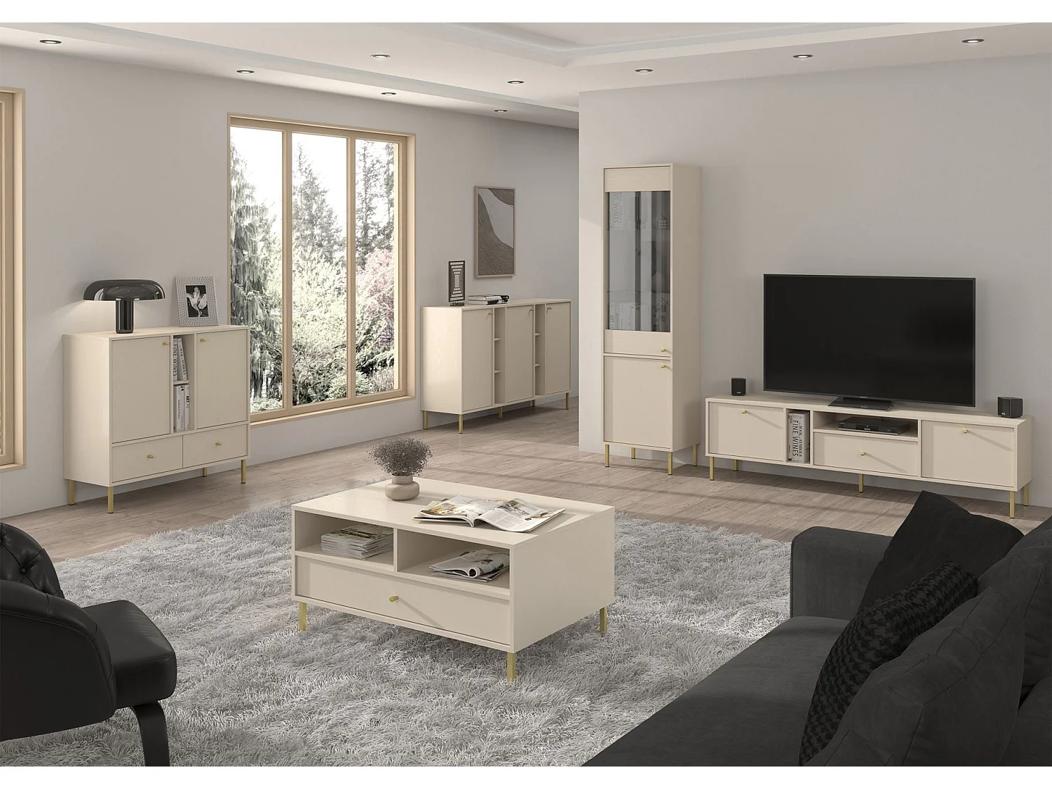 Buffet 1 porte 3 tiroirs - 100 cm - beige avec étagères - OKTIO