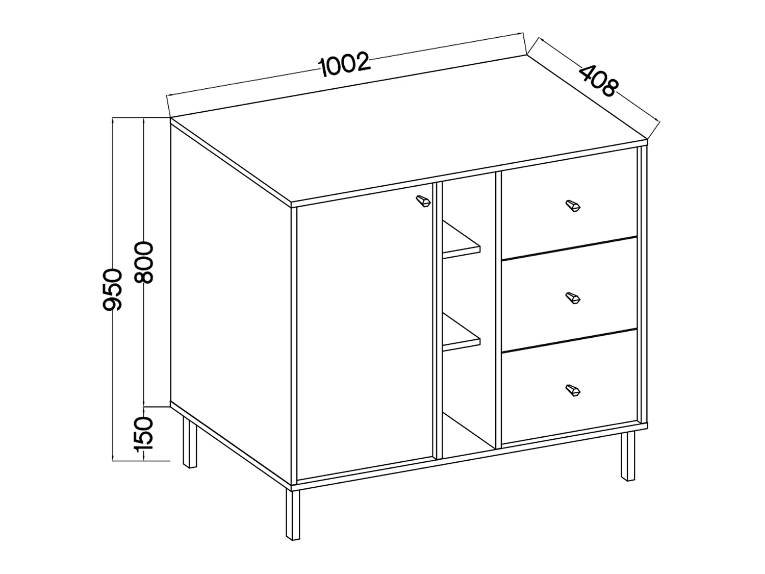 Buffet 1 porte 3 tiroirs - 100 cm - beige avec étagères - OKTIO