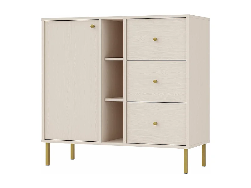 Buffet 1 porte 3 tiroirs - 100 cm - beige avec étagères - OKTIO