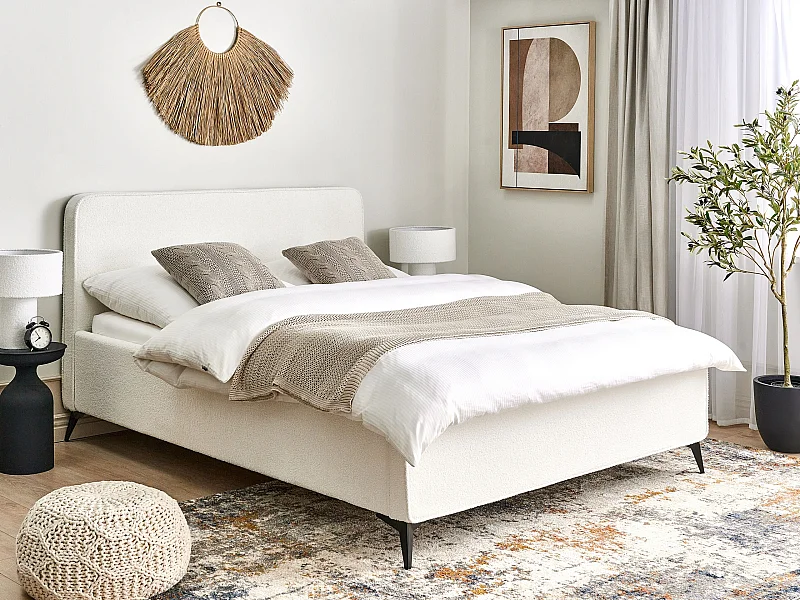 Cama Bouclé VALOGNES 160 x 200 cm Blanco crema