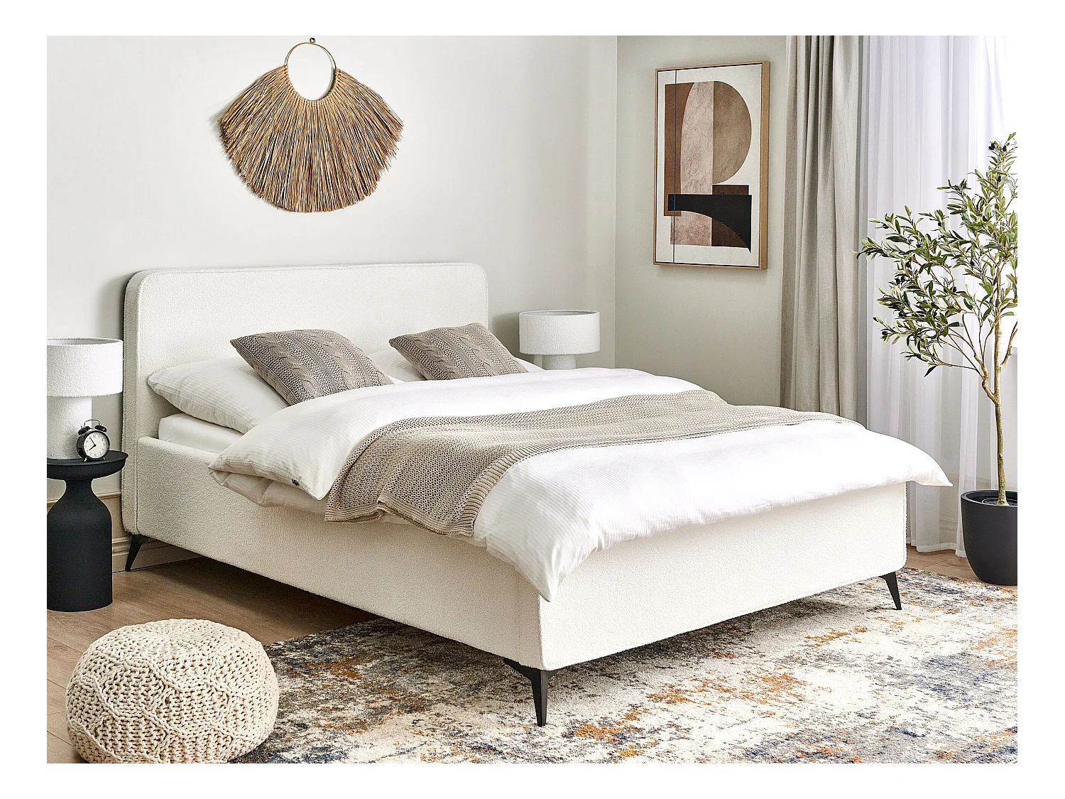 Lit avec sommier Bouclé VALOGNES 160 x 200 cm Blanc cassé