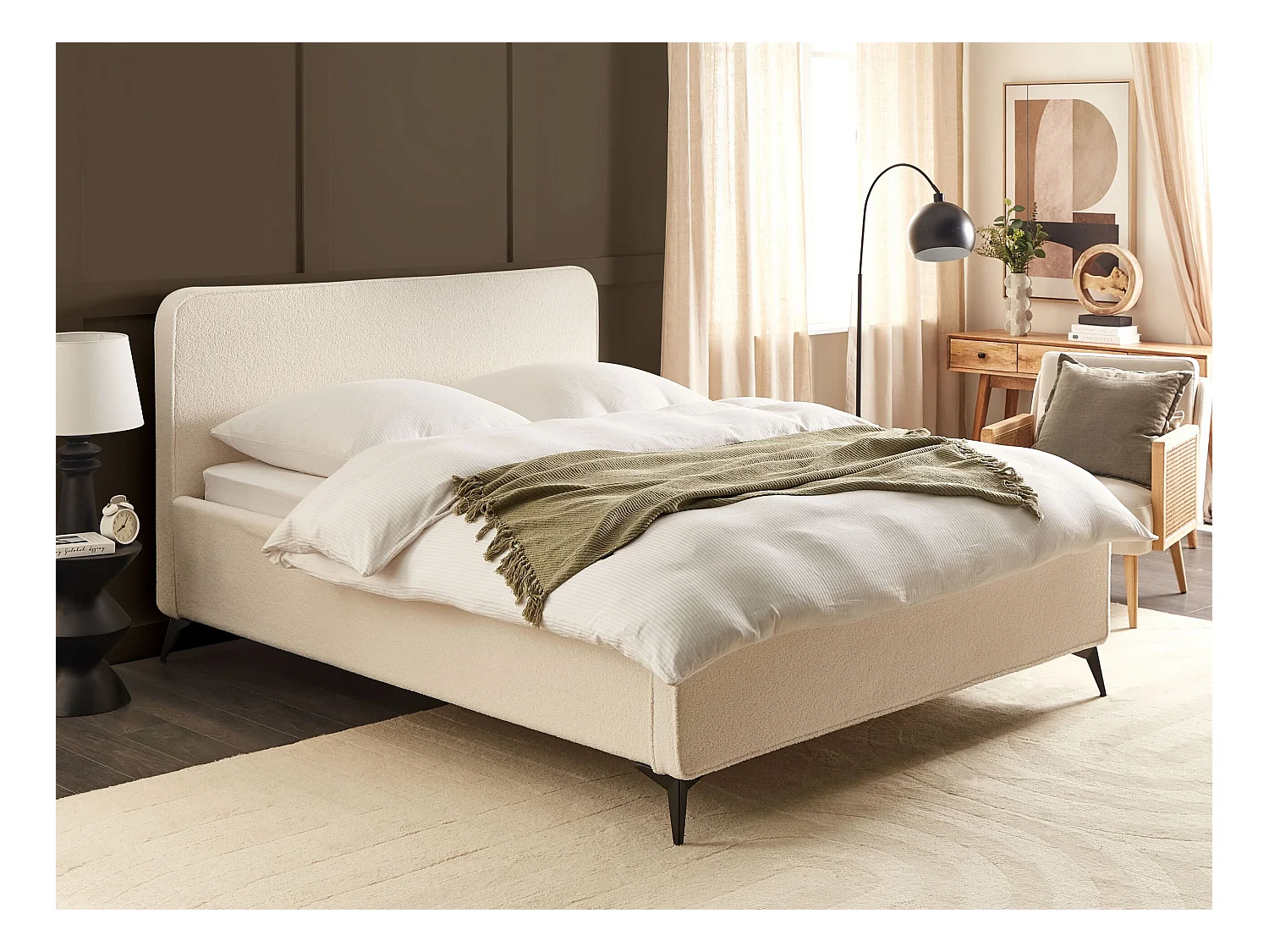 Lit avec sommier Bouclé VALOGNES 160 x 200 cm Blanc cassé