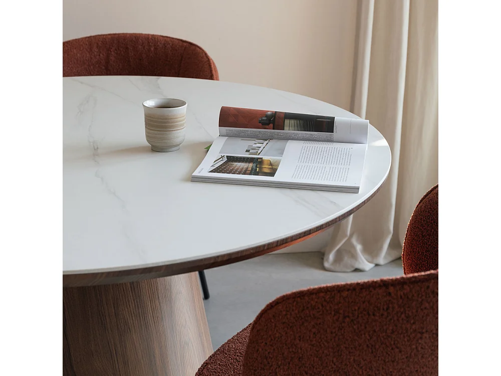 Almira - Table à manger 8 personnes ovale en pierre et bois - Bois foncé