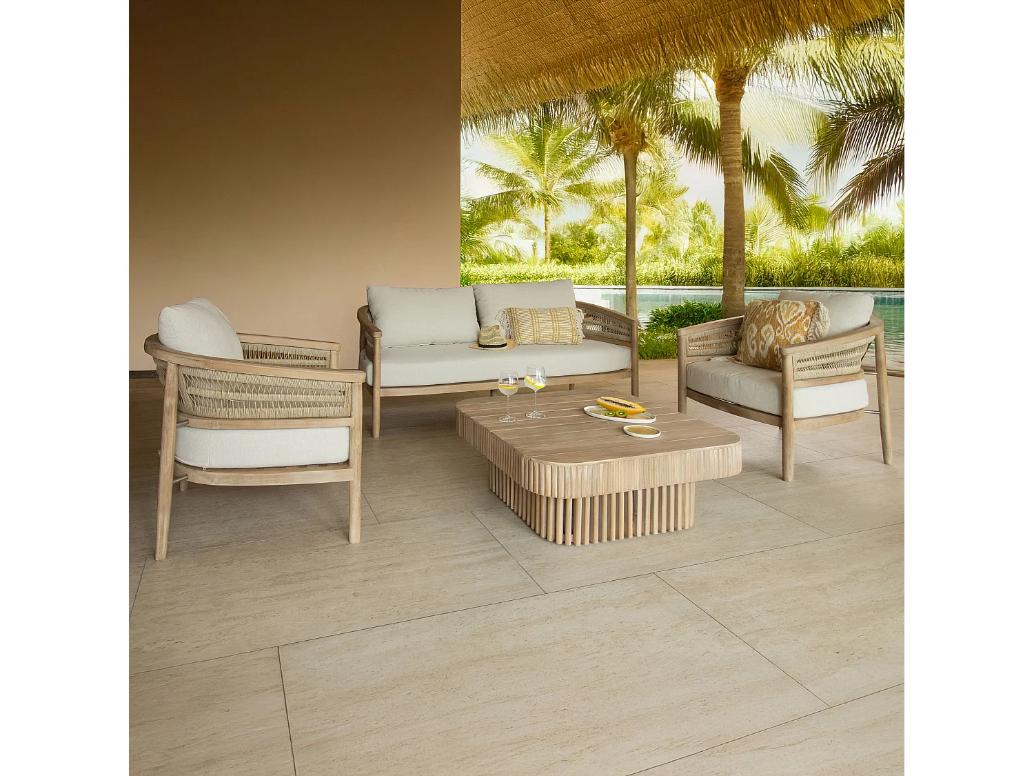 Now's Home - Salon De Jardin 4 Places En Bois D'acacia /corde Et Coussins Taupe Maui