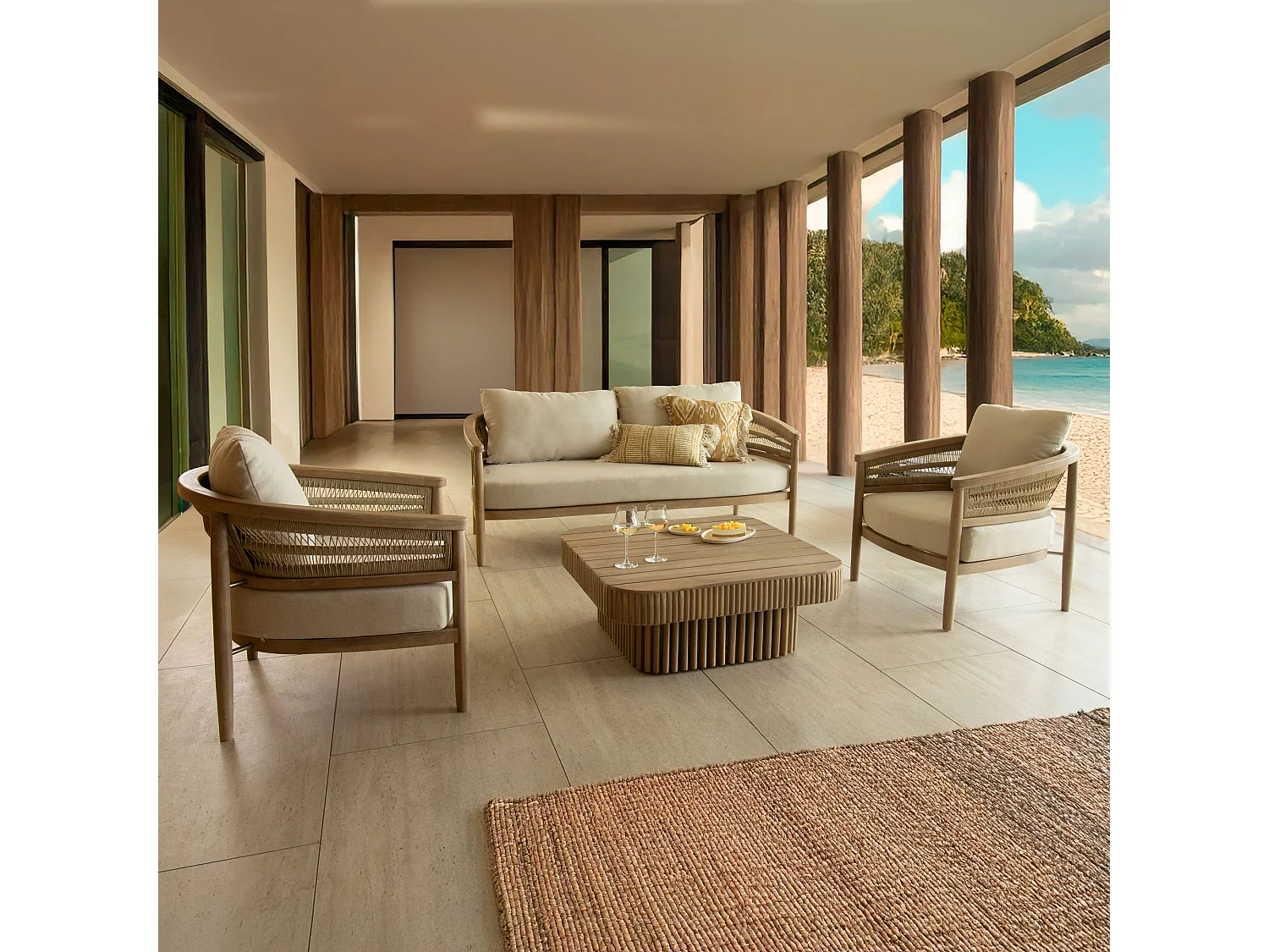 Now's Home - Salon De Jardin 4 Places En Bois D'acacia /corde Et Coussins Taupe Maui