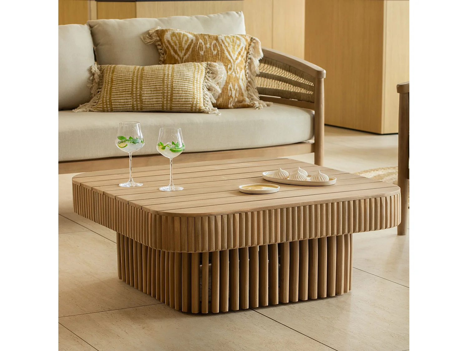 Now's Home - Salon De Jardin 4 Places En Bois D'acacia /corde Et Coussins Taupe Maui