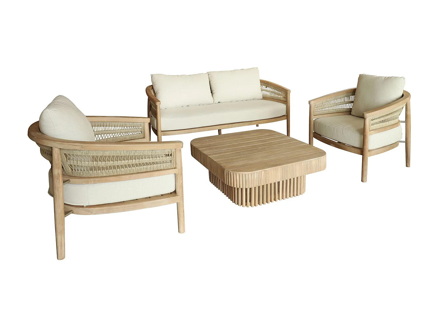 Now's Home - Salon De Jardin 4 Places En Bois D'acacia /corde Et Coussins Taupe Maui