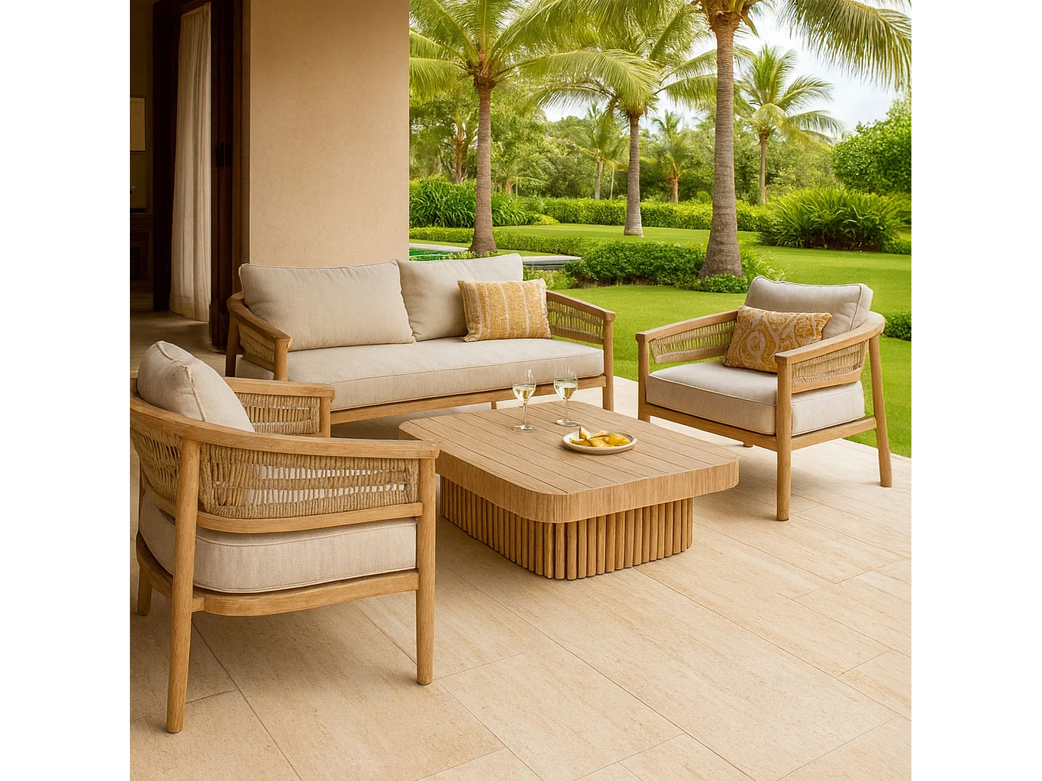 Now's Home - Salon De Jardin 4 Places En Bois D'acacia /corde Et Coussins Taupe Maui