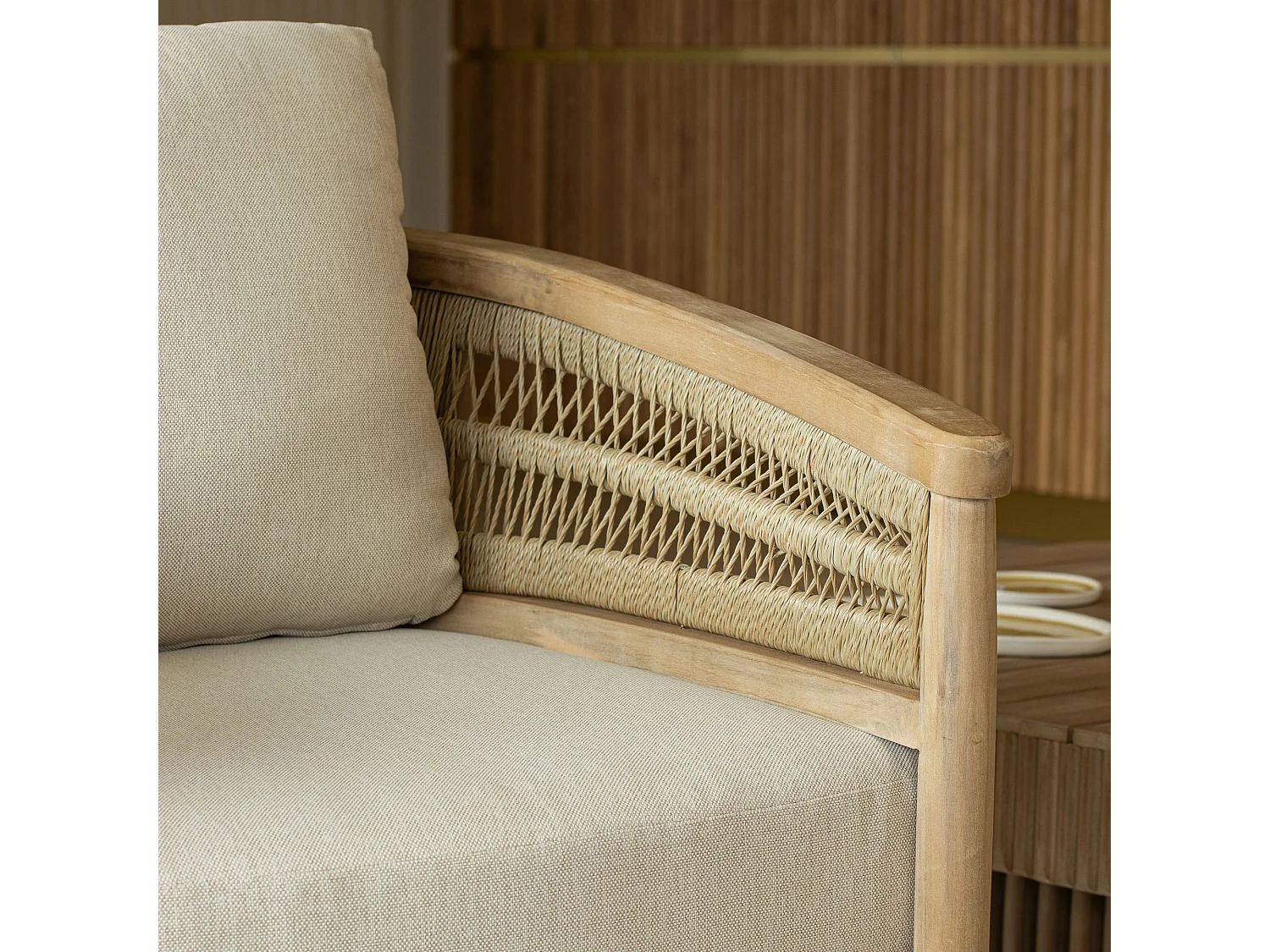 Now's Home - Salon De Jardin 4 Places En Bois D'acacia /corde Et Coussins Taupe Maui