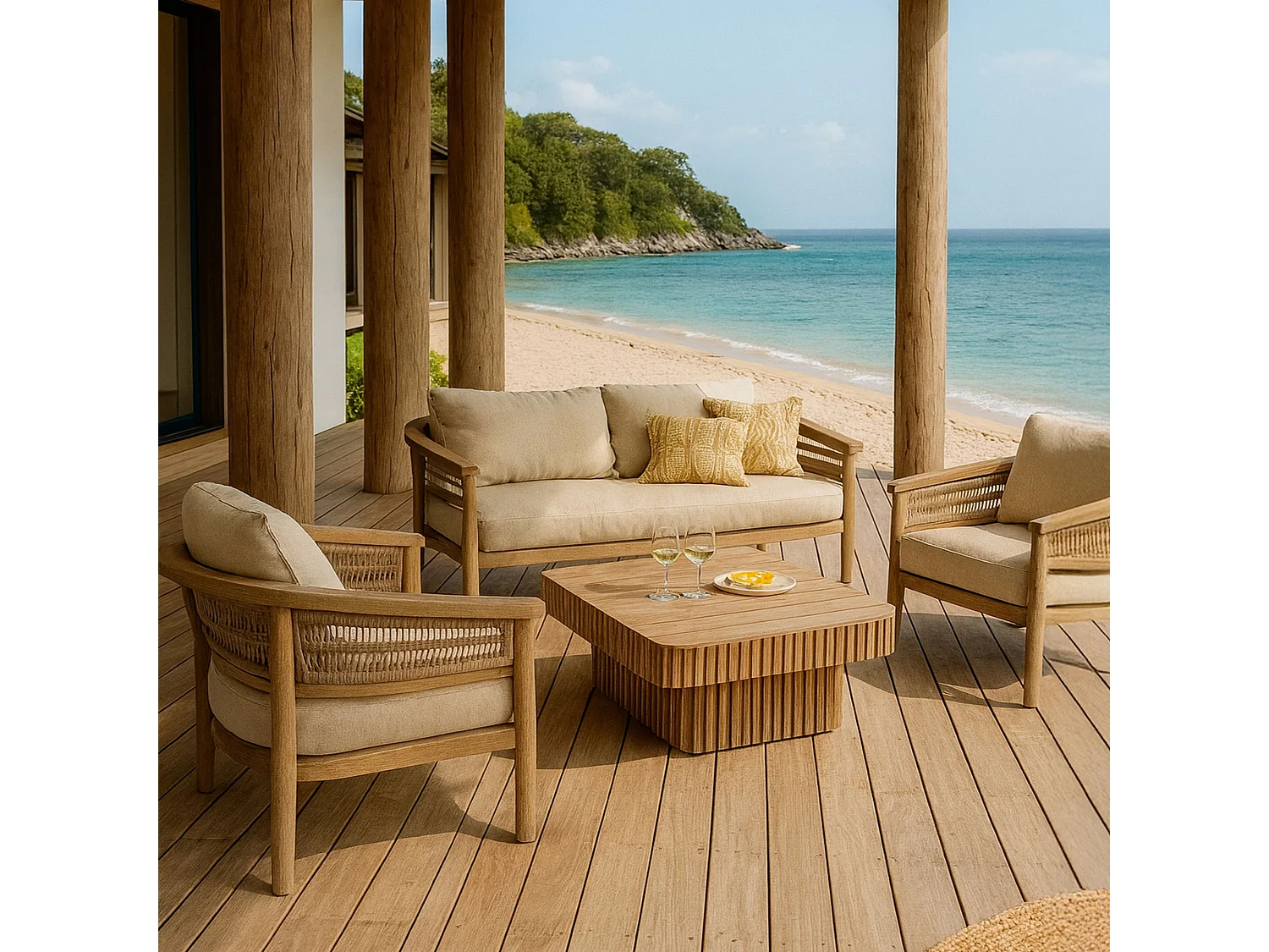 Now's Home - Salon De Jardin 4 Places En Bois D'acacia /corde Et Coussins Taupe Maui