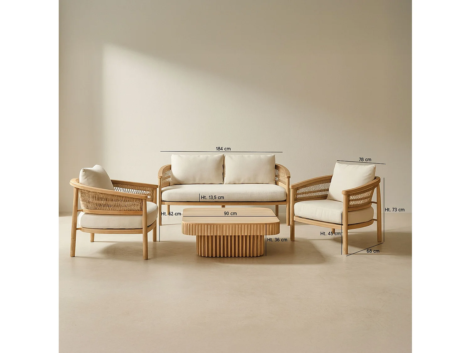 Now's Home - Salon De Jardin 4 Places En Bois D'acacia /corde Et Coussins Taupe Maui