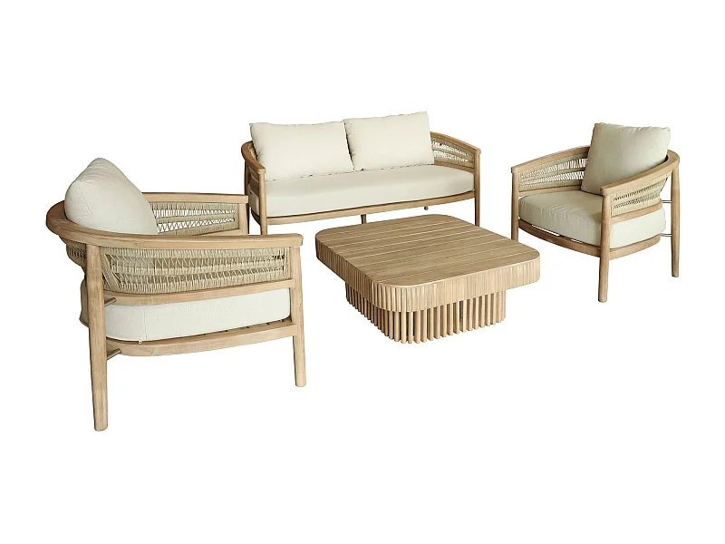 Now's Home - Salon De Jardin 4 Places En Bois D'acacia /corde Et Coussins Taupe Maui