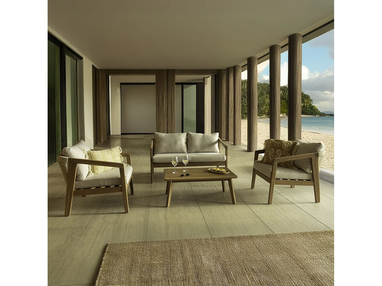 Now's Home - Salon De Jardin 4 Places En Bois D'acacia  Avec Coussin Beige Fidji