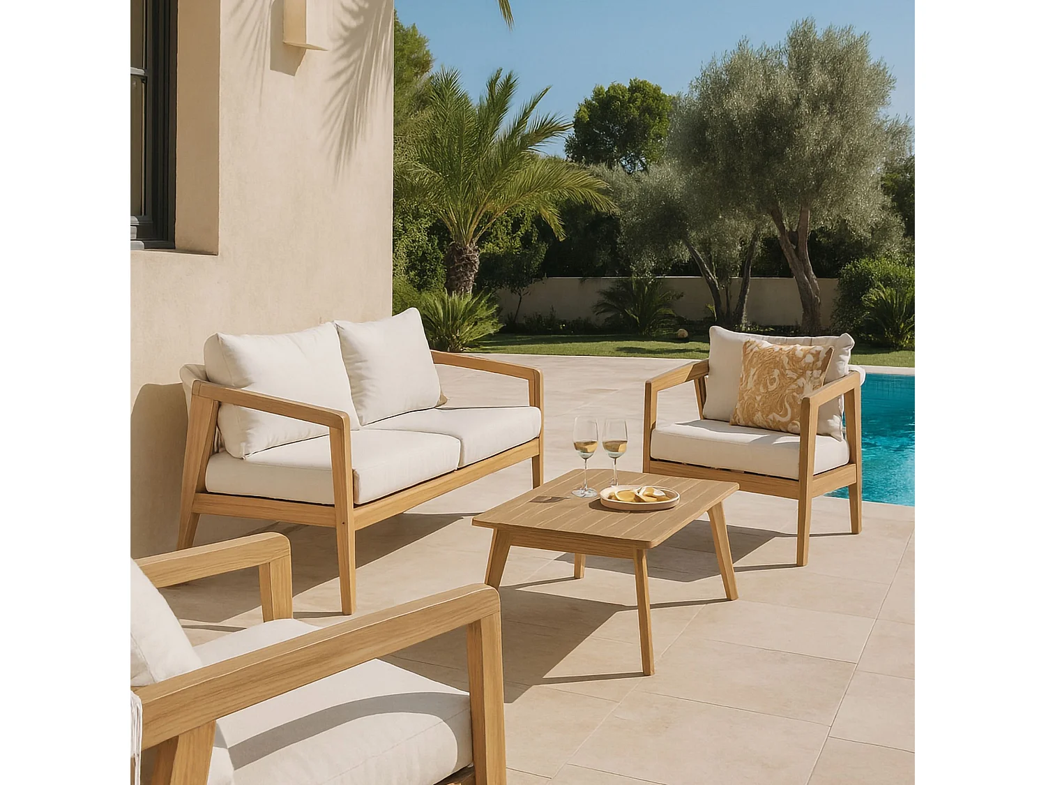 Now's Home - Salon De Jardin 4 Places En Bois D'acacia  Avec Coussin Beige Fidji