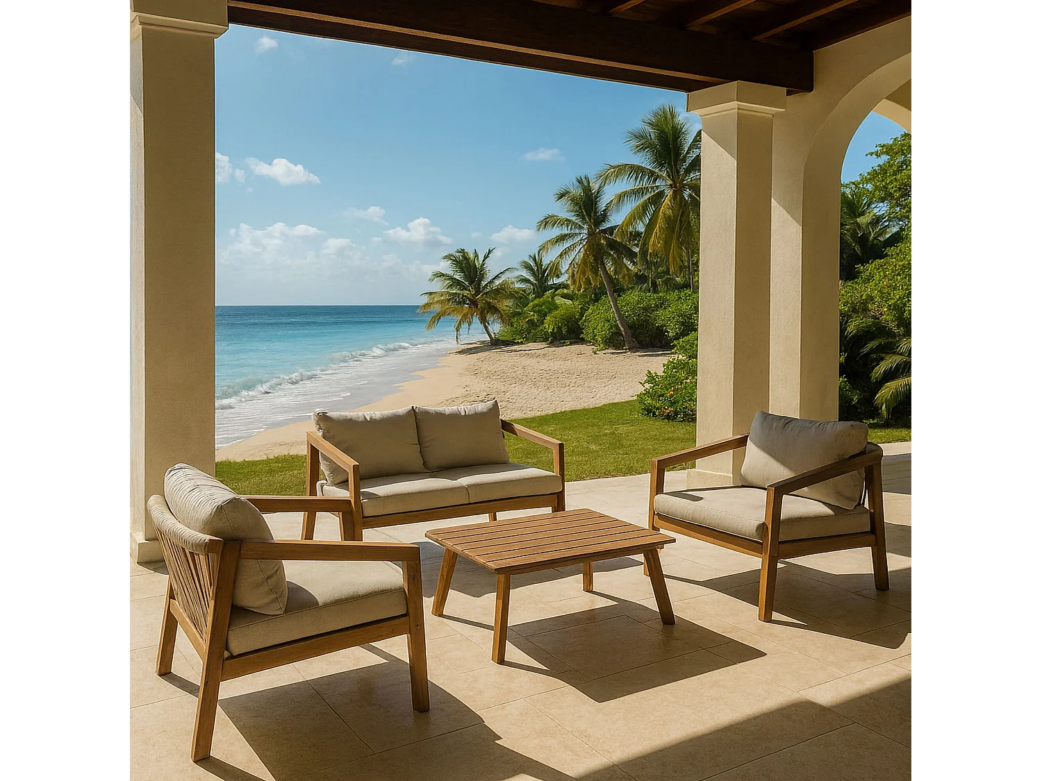 Now's Home - Salon De Jardin 4 Places En Bois D'acacia  Avec Coussin Beige Fidji