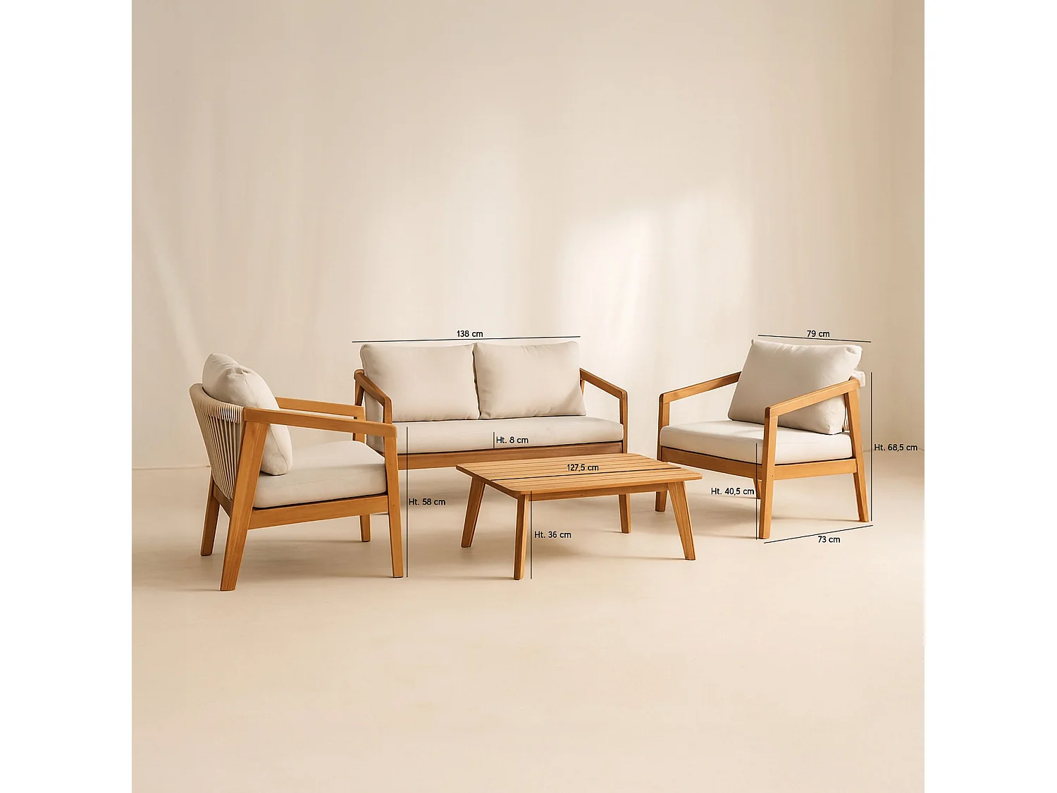 Now's Home - Salon De Jardin 4 Places En Bois D'acacia  Avec Coussin Beige Fidji