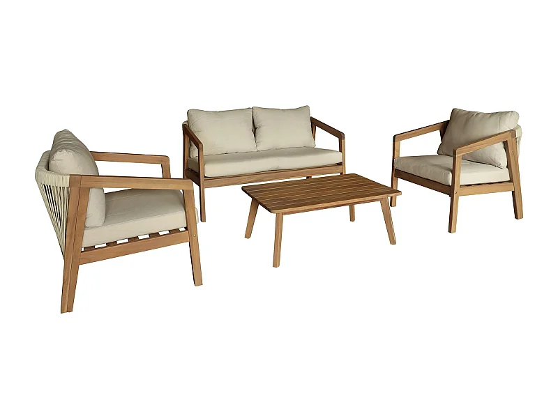 Now's Home - Salon De Jardin 4 Places En Bois D'acacia  Avec Coussin Beige Fidji