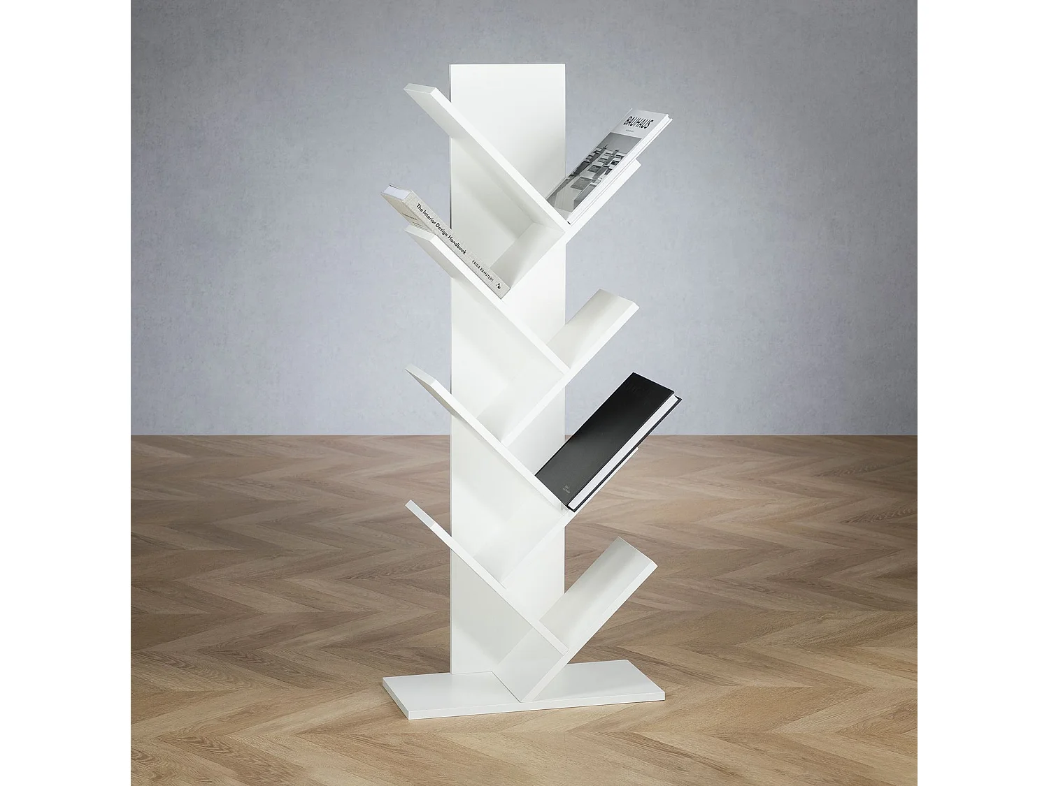 Étagère en bois JULES en forme d’arbre, Étagère autoportante  avec pied robuste, Design original et pratique 48 x 116 x 24 cm, Blanc