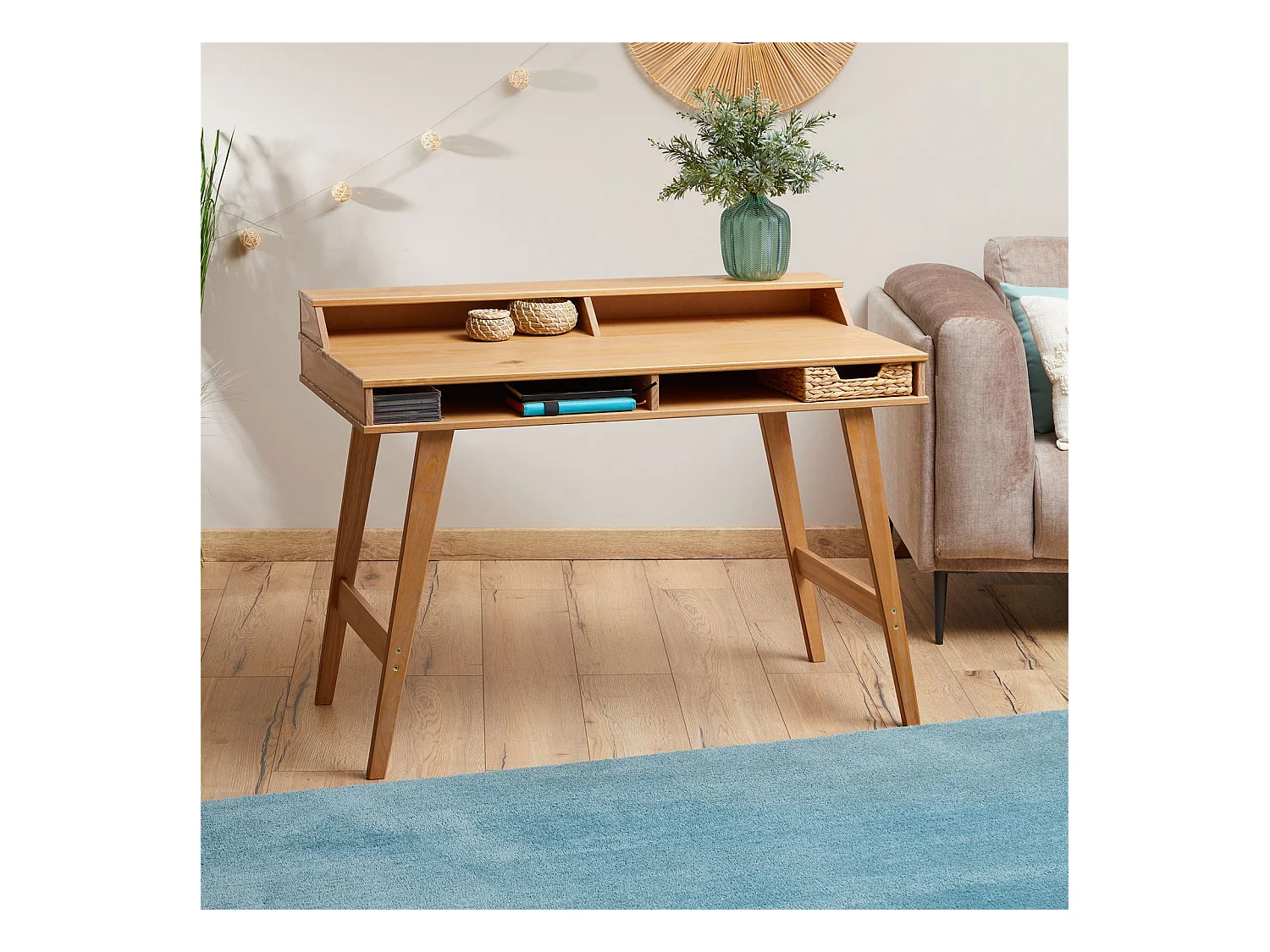 Bureau secrétaire LUNA avec niches 110 x 84 x 54 cm, En bois de pin massif, Rangement élégant et compact, Petit bureau, Brun