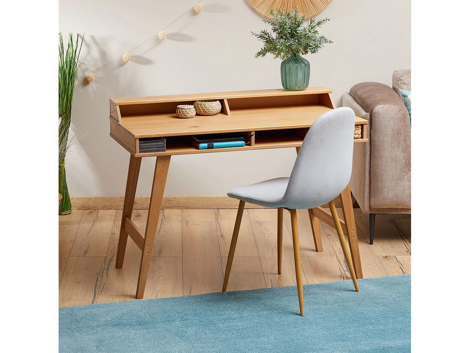 Bureau secrétaire LUNA avec niches 110 x 84 x 54 cm, En bois de pin massif, Rangement élégant et compact, Petit bureau, Brun