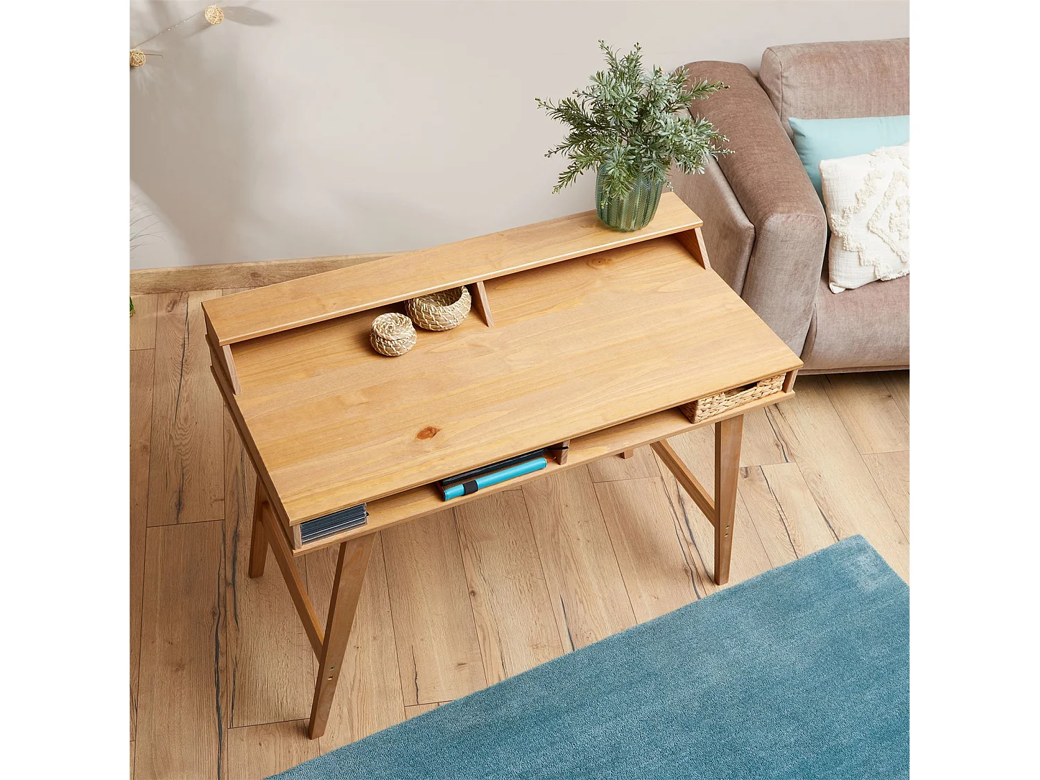 Bureau secrétaire LUNA avec niches 110 x 84 x 54 cm, En bois de pin massif, Rangement élégant et compact, Petit bureau, Brun