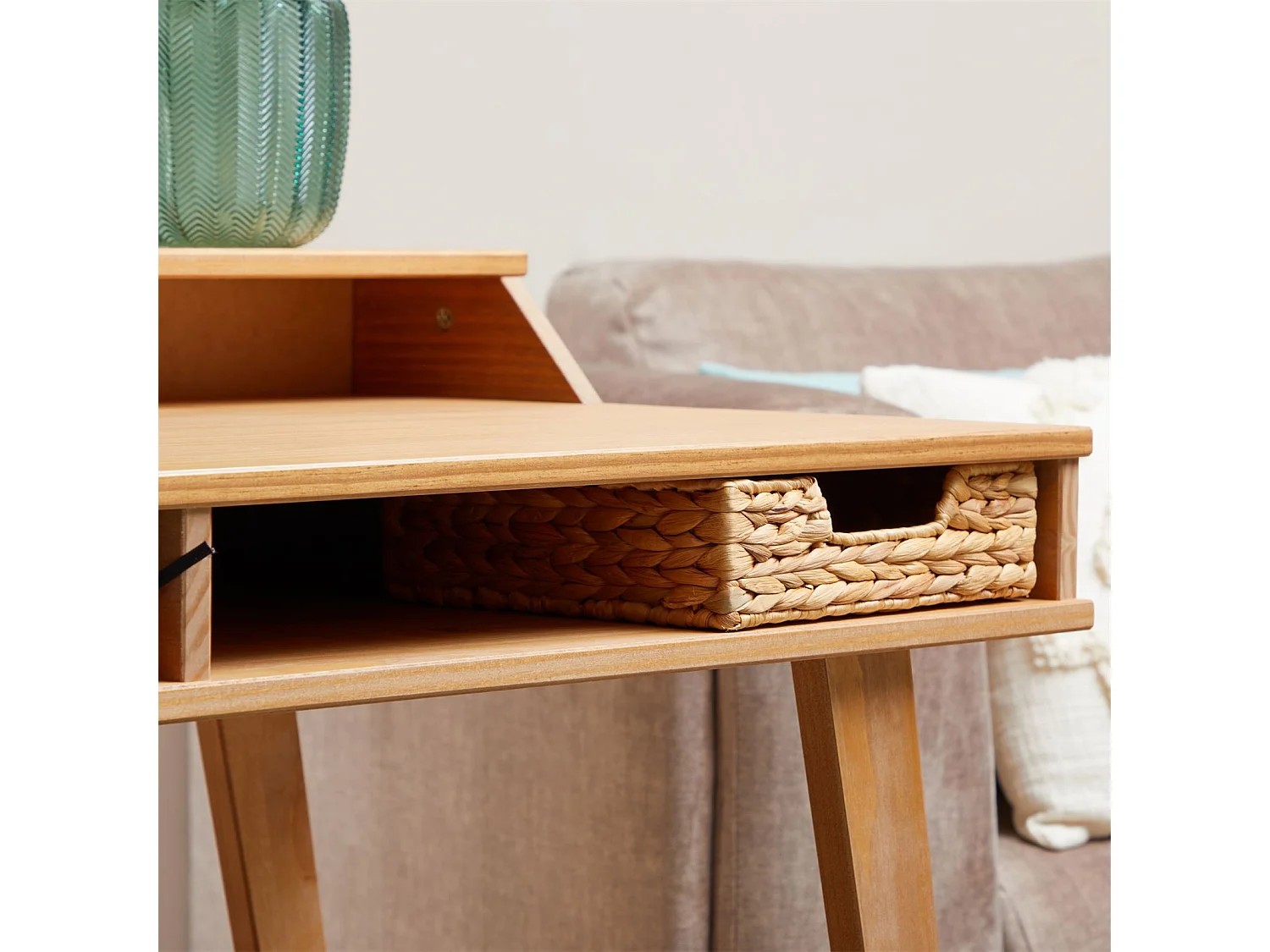 Bureau secrétaire LUNA avec niches 110 x 84 x 54 cm, En bois de pin massif, Rangement élégant et compact, Petit bureau, Brun