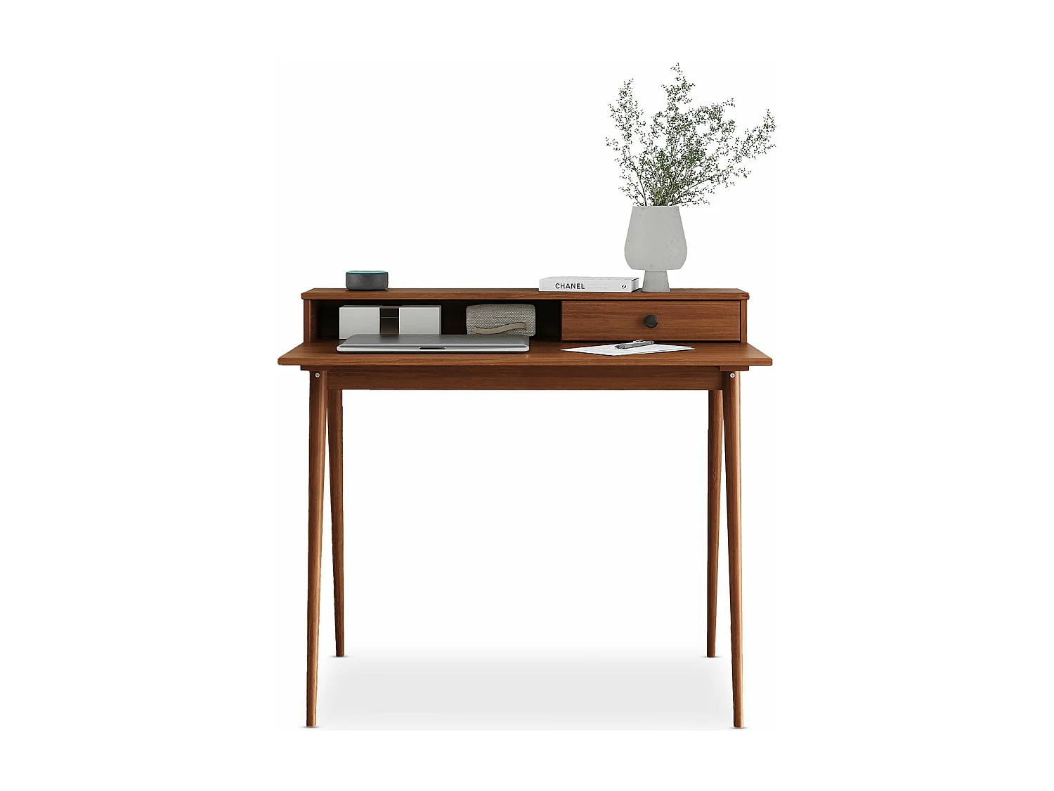 Bureau MALINA secrétaire en pin massif lasuré brun foncé avec étagère et 1 tiroir