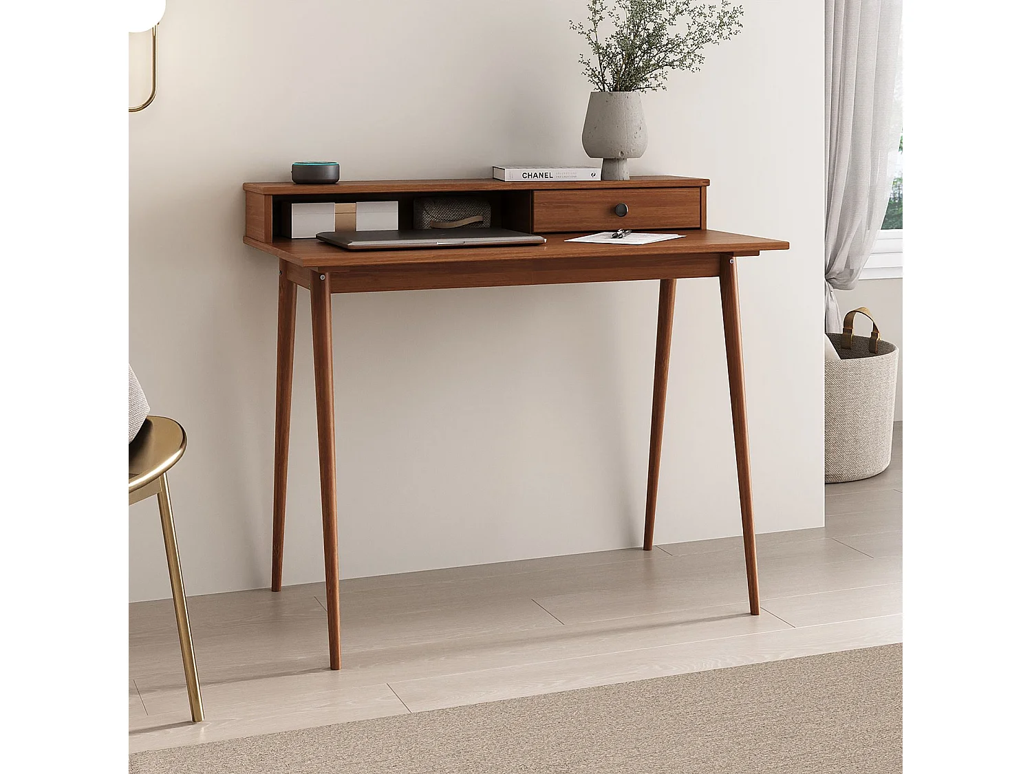 Bureau MALINA secrétaire en pin massif lasuré brun foncé avec étagère et 1 tiroir