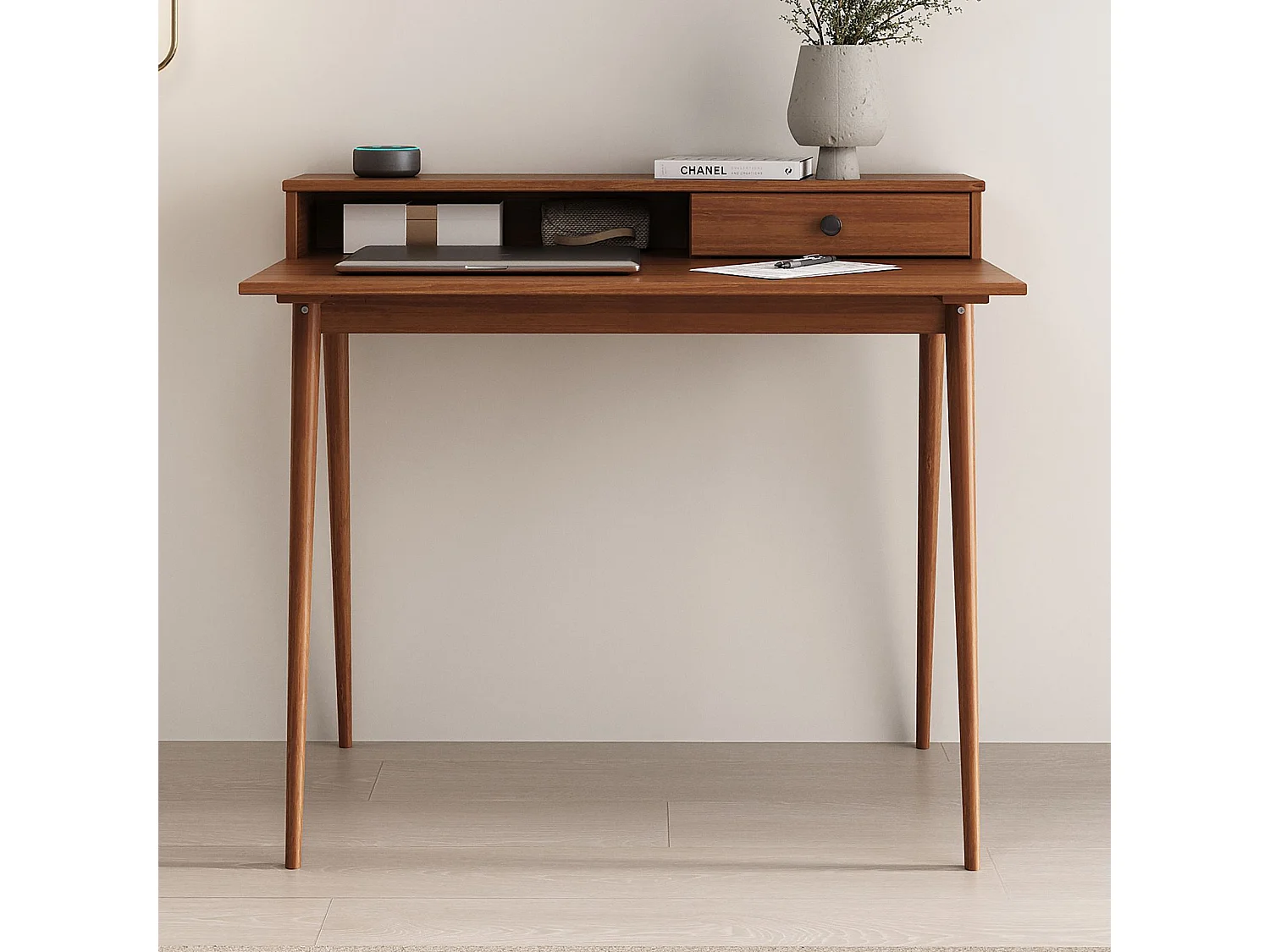 Bureau MALINA secrétaire en pin massif lasuré brun foncé avec étagère et 1 tiroir