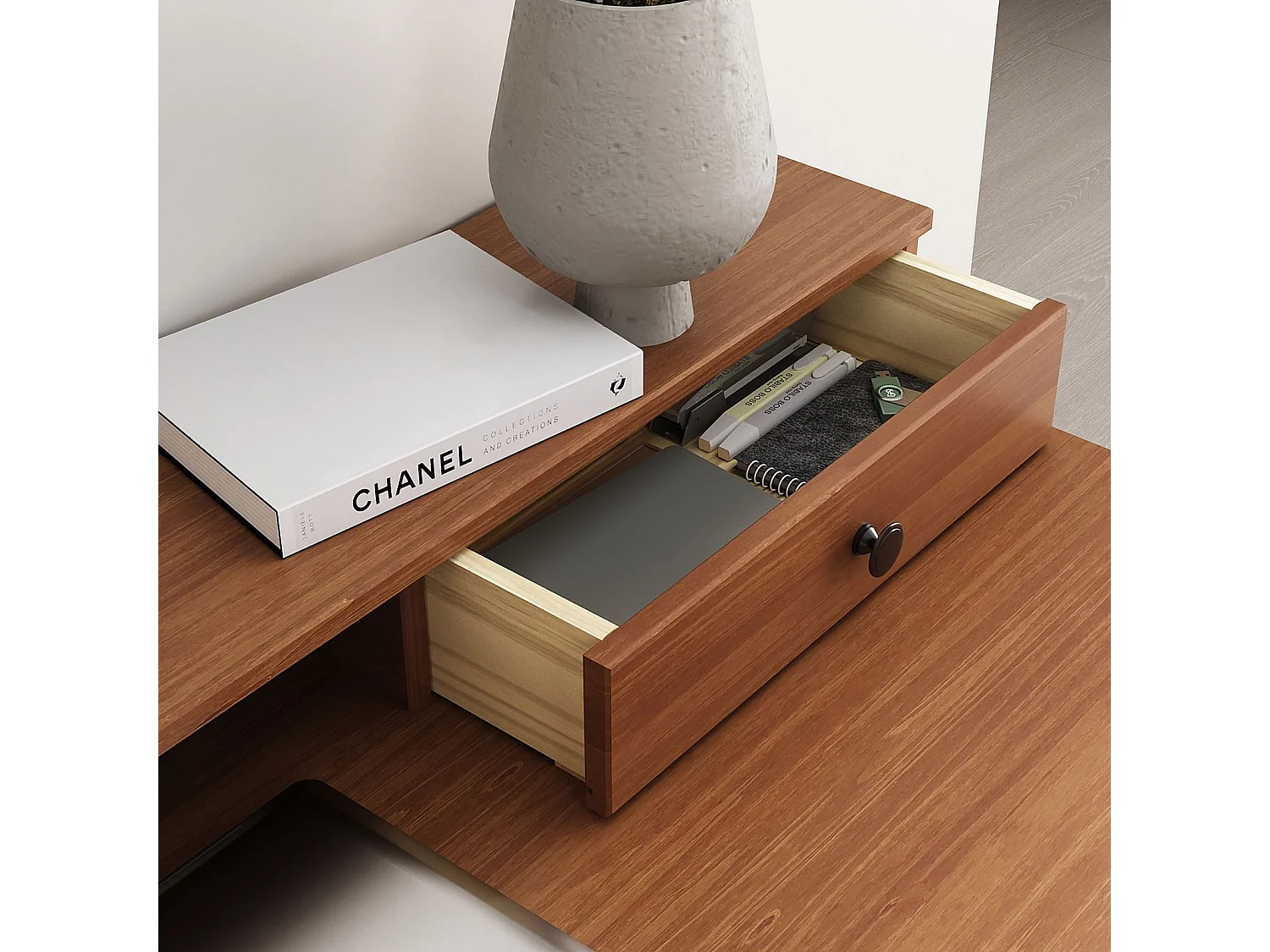 Bureau MALINA secrétaire en pin massif lasuré brun foncé avec étagère et 1 tiroir