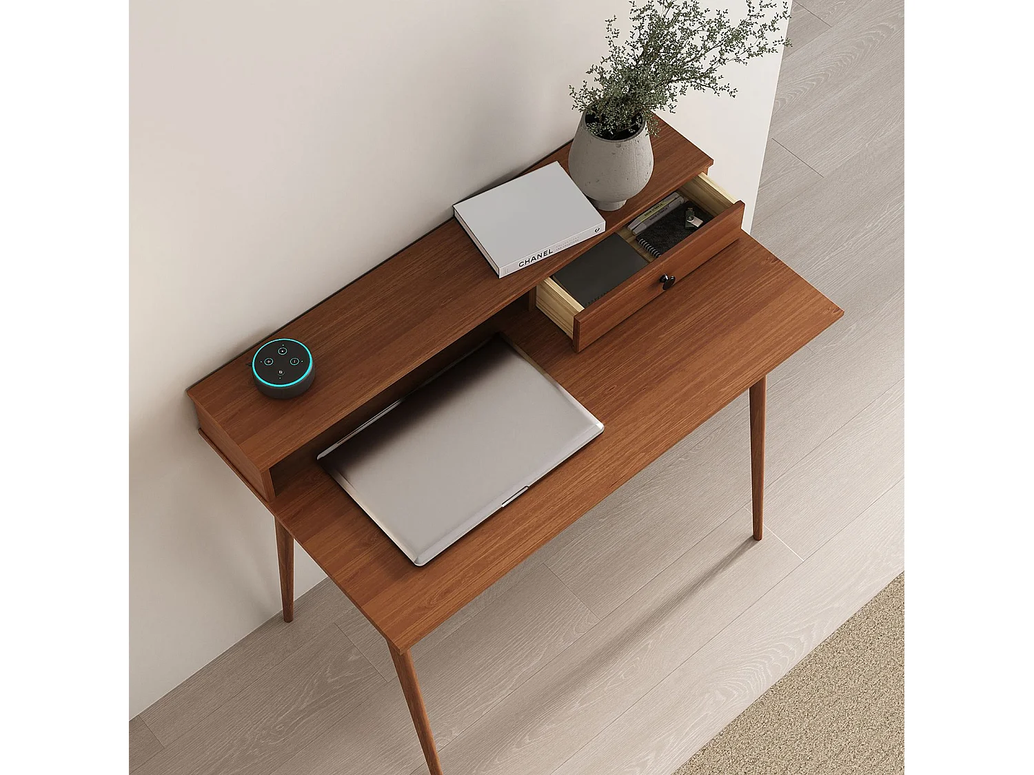 Bureau MALINA secrétaire en pin massif lasuré brun foncé avec étagère et 1 tiroir