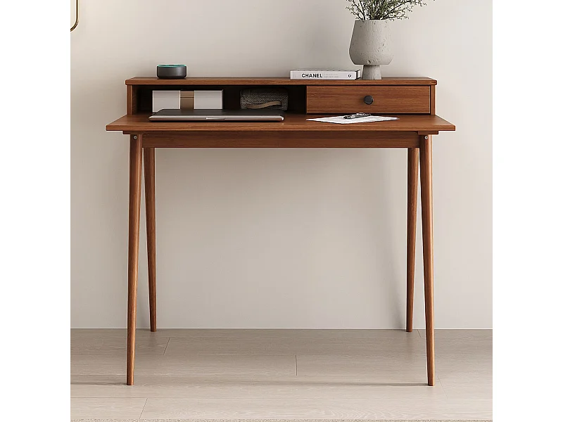 Bureau MALINA secrétaire en pin massif lasuré brun foncé avec étagère et 1 tiroir