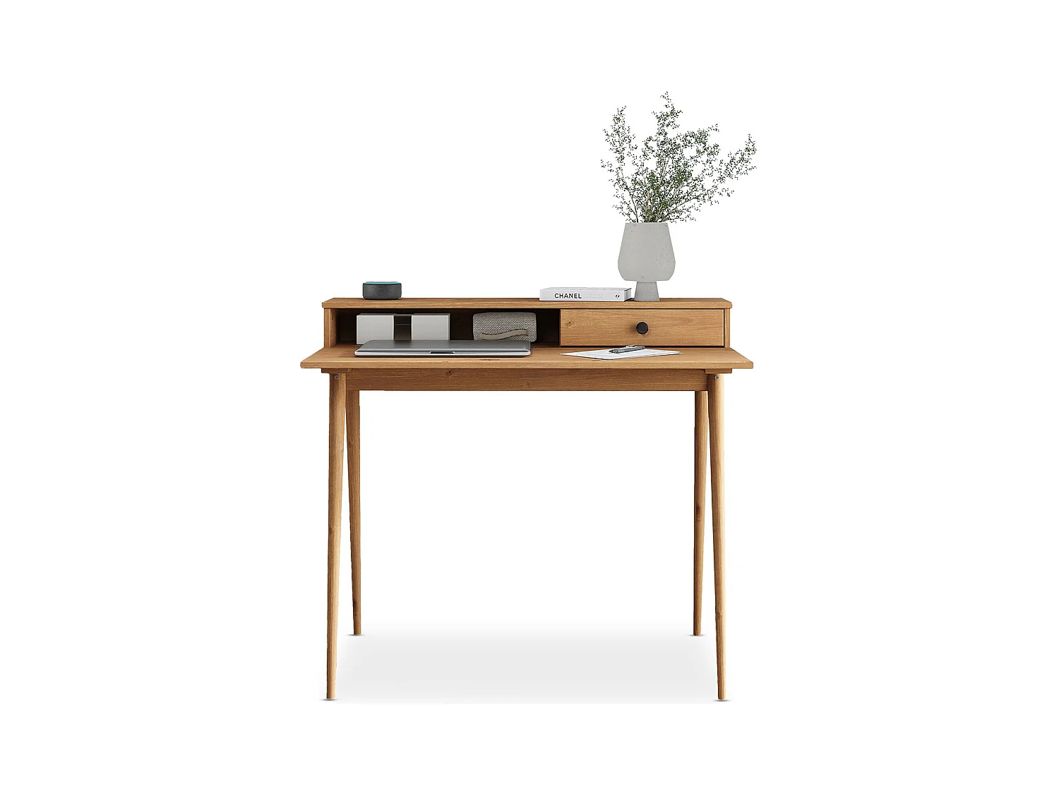 Bureau MALINA secrétaire en pin massif lasuré brun avec étagère et 1 tiroir