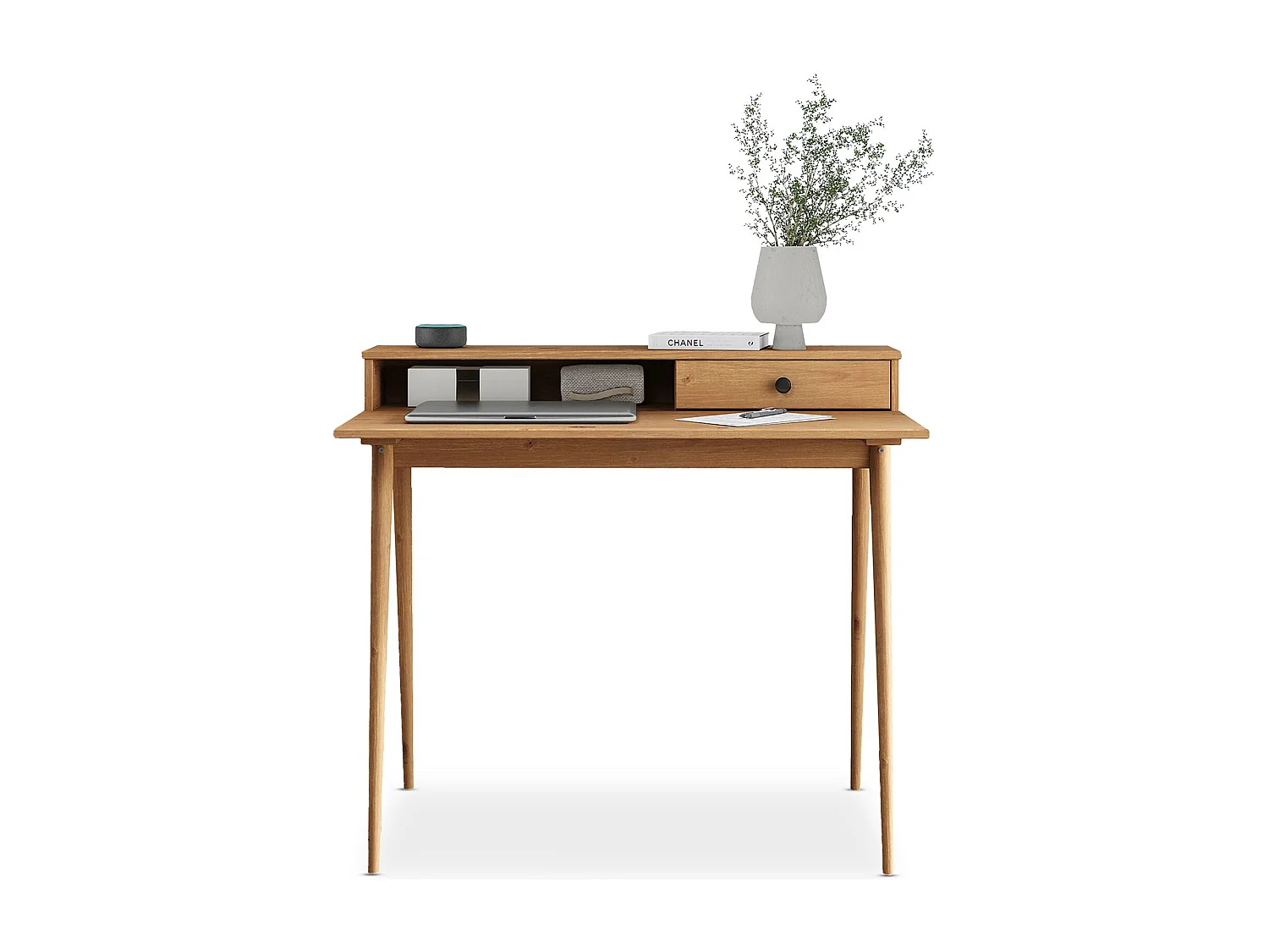 Bureau MALINA secrétaire en pin massif lasuré brun avec étagère et 1 tiroir