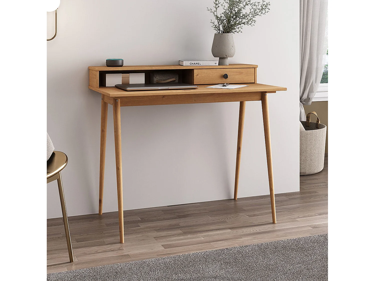 Bureau MALINA secrétaire en pin massif lasuré brun avec étagère et 1 tiroir