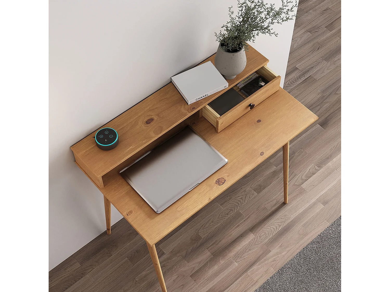 Bureau MALINA secrétaire en pin massif lasuré brun avec étagère et 1 tiroir