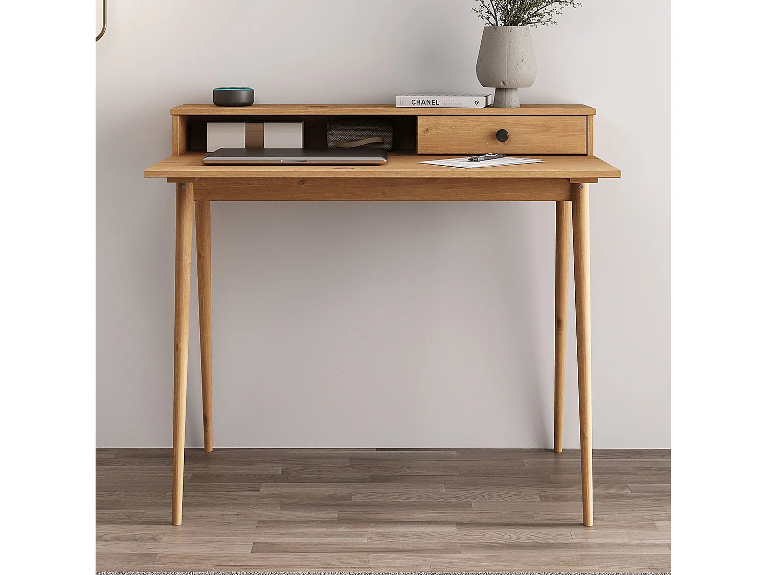 Bureau MALINA secrétaire en pin massif lasuré brun avec étagère et 1 tiroir