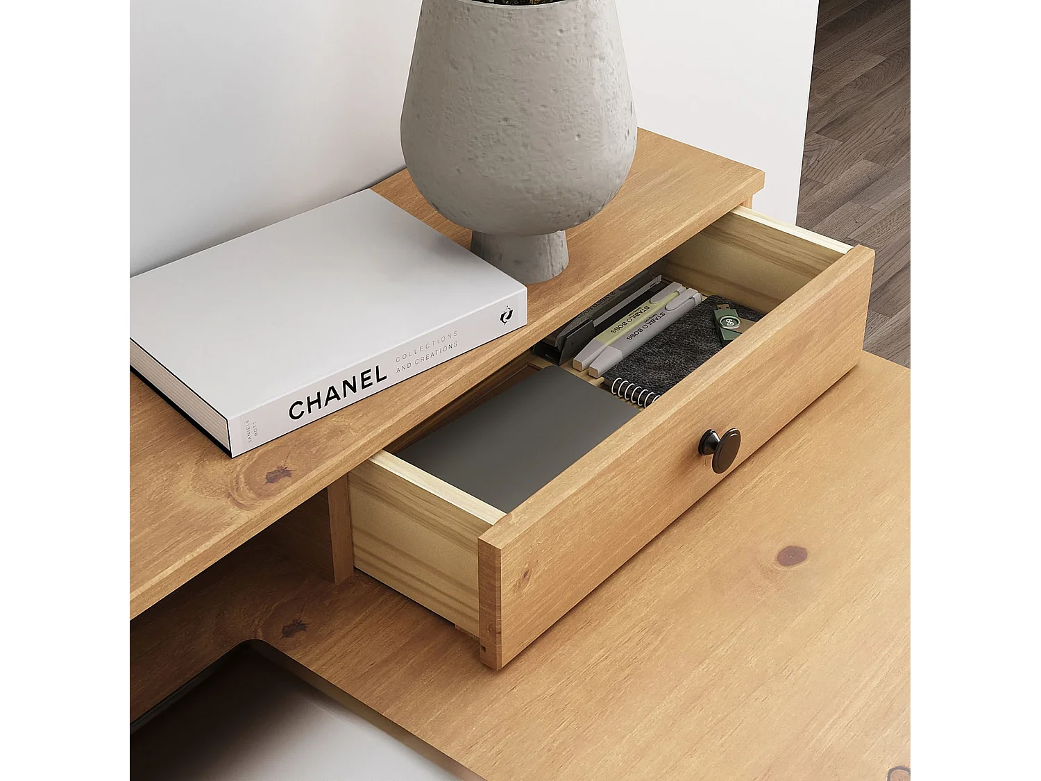 Bureau MALINA secrétaire en pin massif lasuré brun avec étagère et 1 tiroir