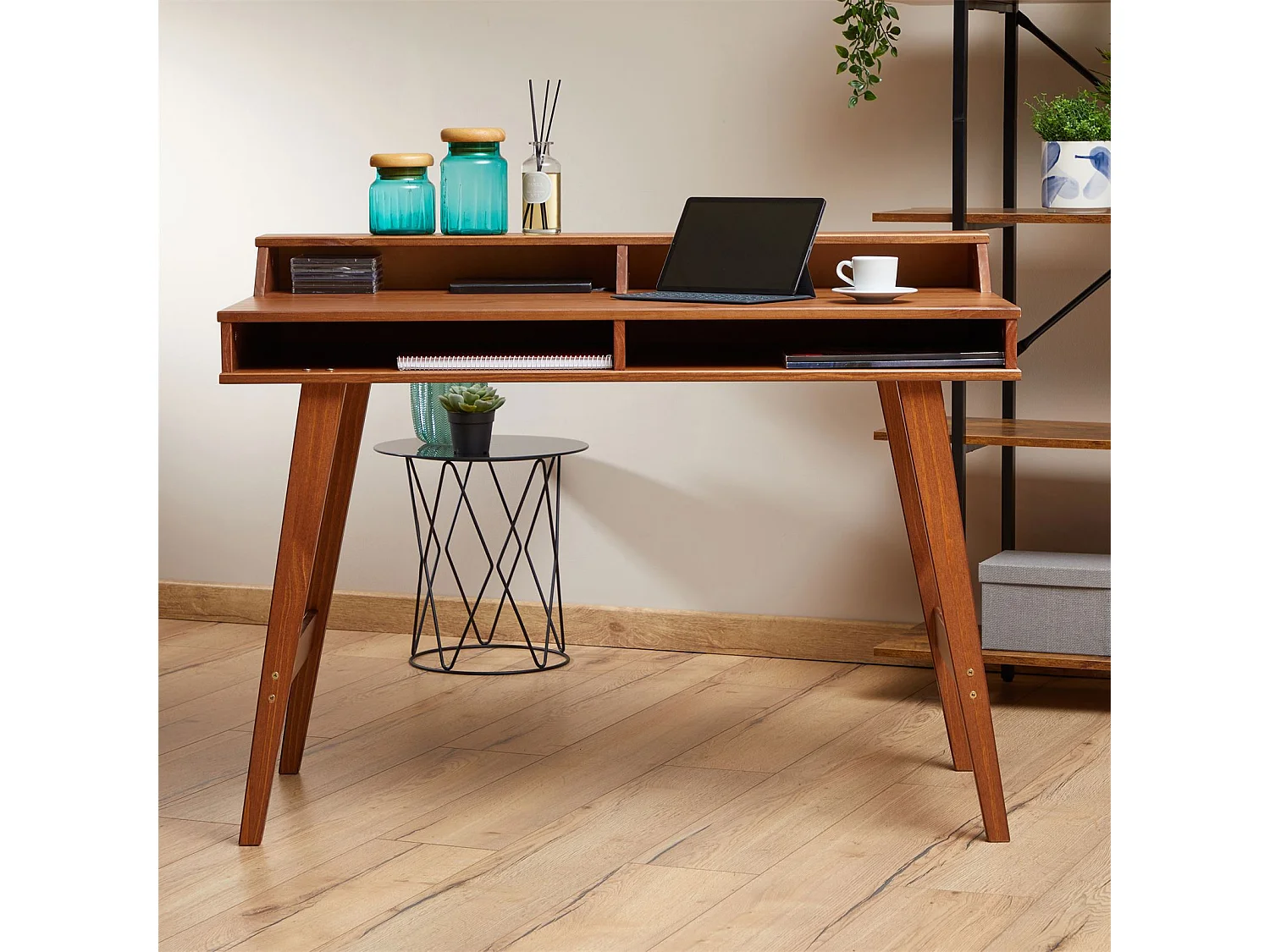 Bureau secrétaire LUNA avec niches 110 x 84 x 54 cm, En bois de pin massif, Rangement élégant et compact, Petit bureau, Brun foncé