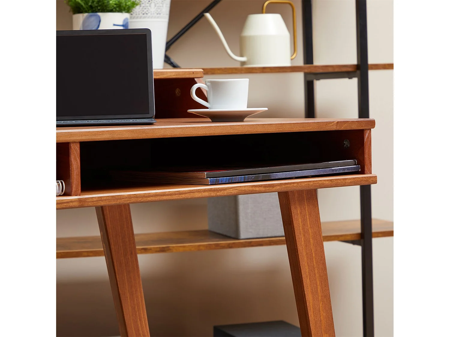 Bureau secrétaire LUNA avec niches 110 x 84 x 54 cm, En bois de pin massif, Rangement élégant et compact, Petit bureau, Brun foncé