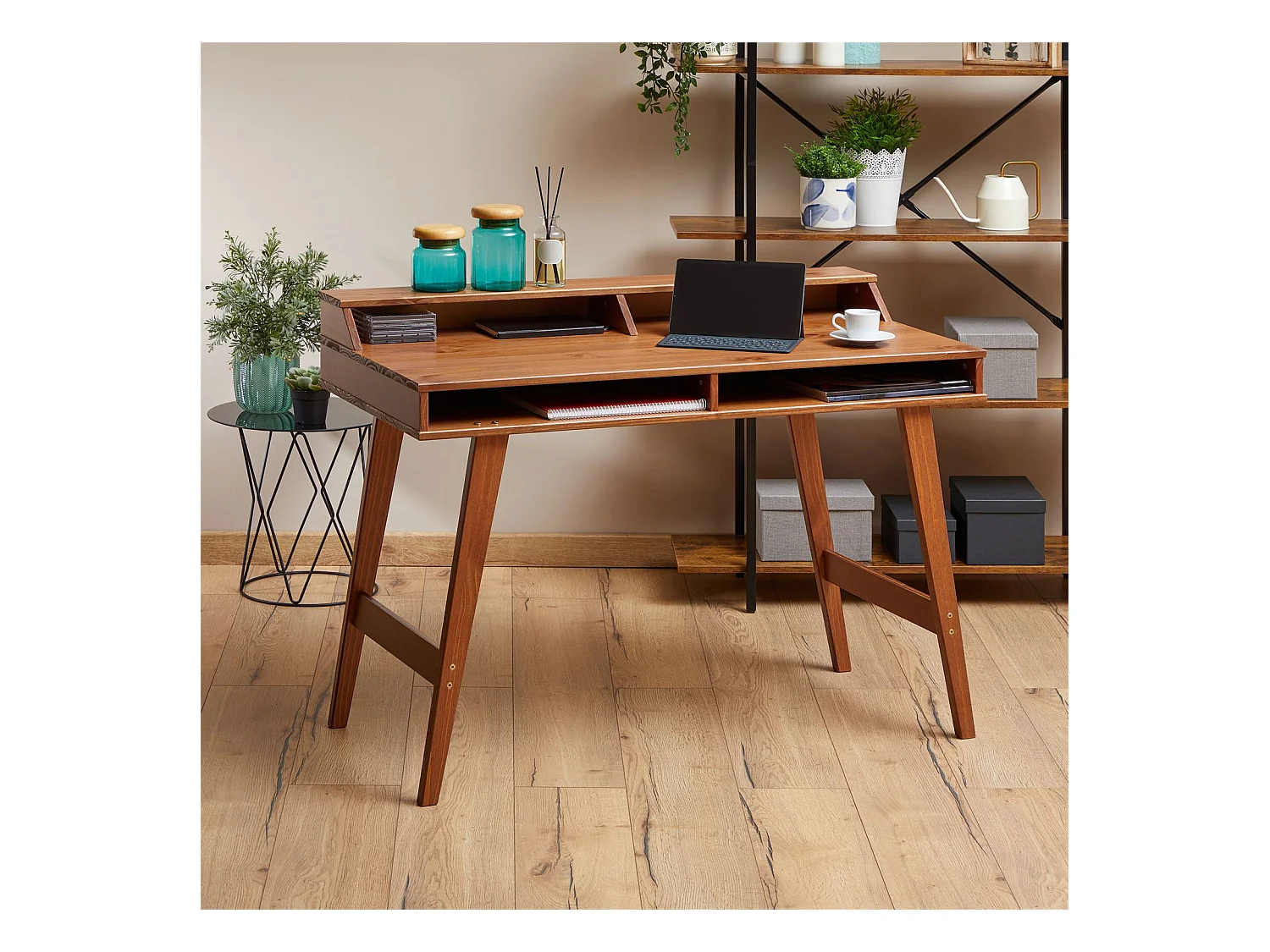 Bureau secrétaire LUNA avec niches 110 x 84 x 54 cm, En bois de pin massif, Rangement élégant et compact, Petit bureau, Brun foncé