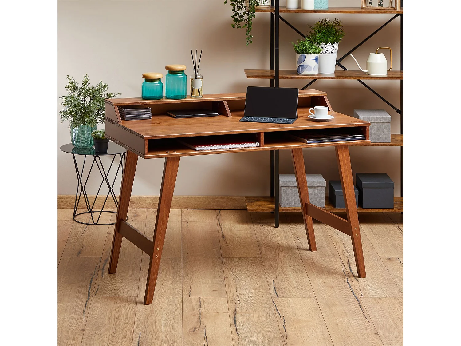 Bureau secrétaire LUNA avec niches 110 x 84 x 54 cm, En bois de pin massif, Rangement élégant et compact, Petit bureau, Brun foncé